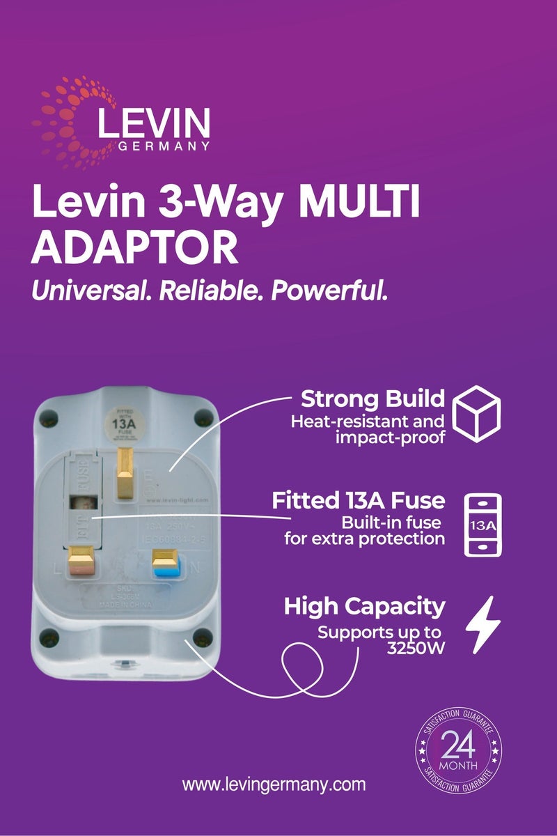 Levin Germany محول عالمي ثلاثي الاتجاهات | سعة 3250 واط | 13 أمبير مع fuse | مؤشر طاقة نيون | غطاء أمان | بناء بلاستيكي قوي | ضمان لمدة عامين - Image 4